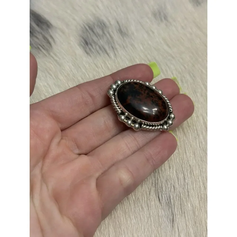 CII MEXICO Sterling Silver Red Jasper Black Mix Pin Brooch Pendant Signed 925